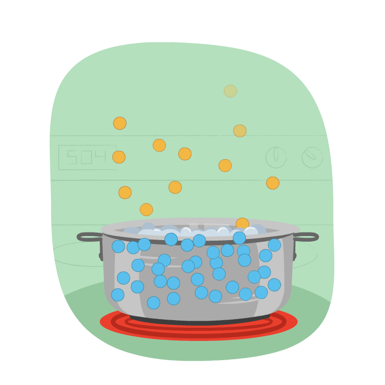 A pot of water boiling on the stove, releasing steam.