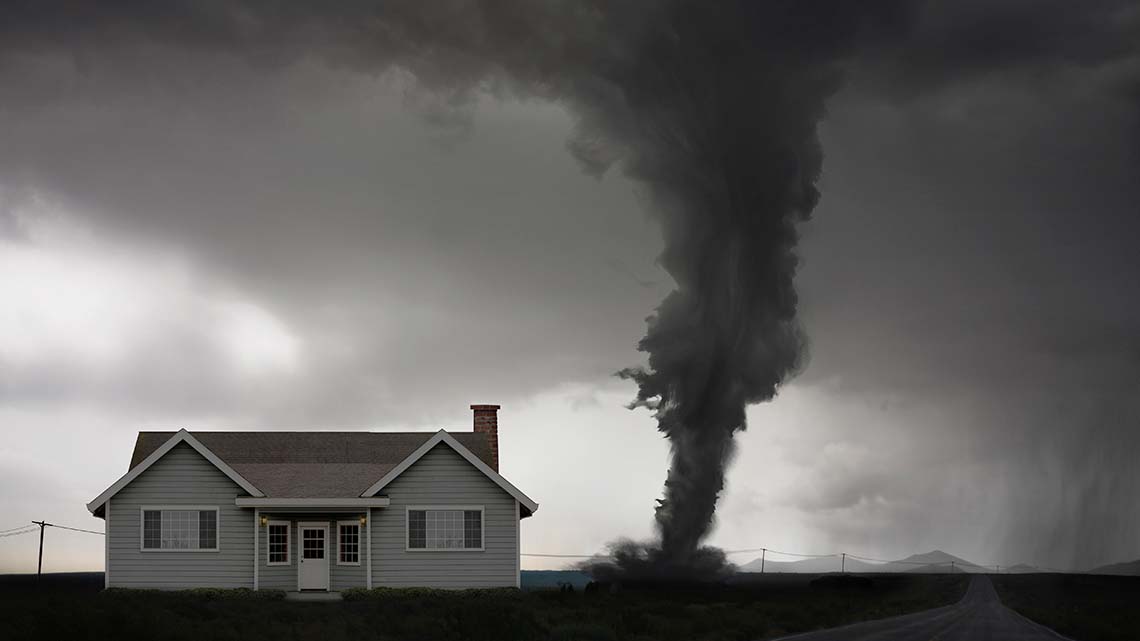 Tornado approaching a house in a rural area.