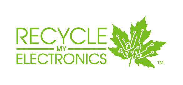 The title Recycle my electronics in white text on a green background with a maple leaf above the title. In the maple leaf are lines that represent electronics signals.