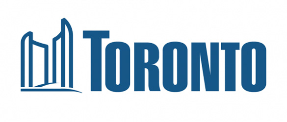 The name of the city of Toronto with the two buildings that make up City Hall beside the word.
