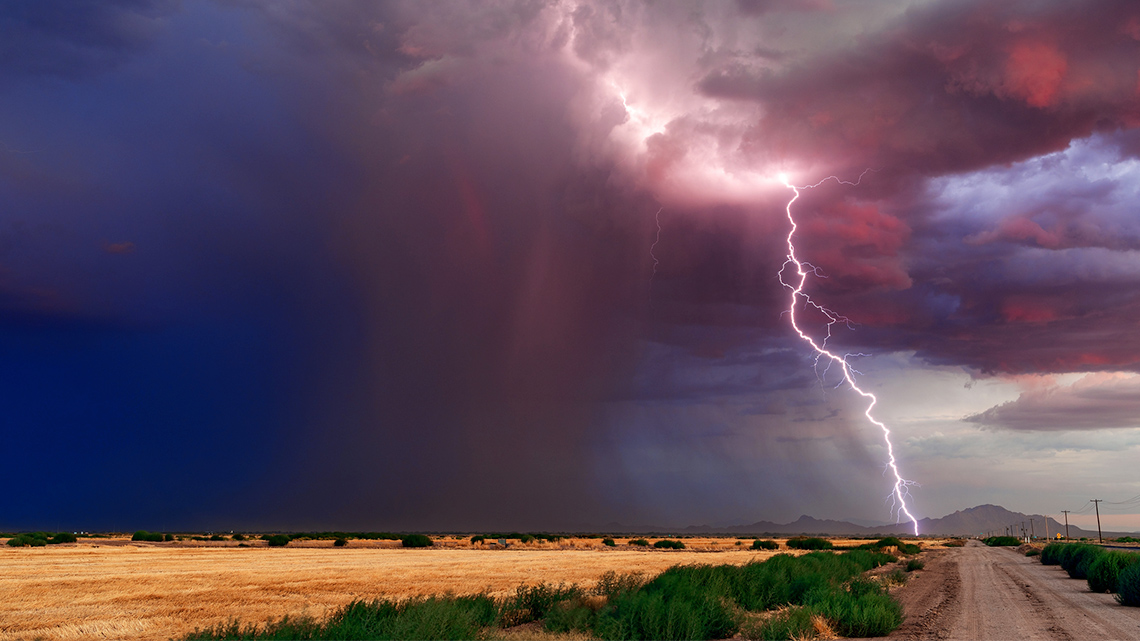 Lightning striking during a monsoon thunderstorm.