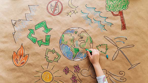 A poster which includes images of trees, a recycling symbol, wind turbines, a sun, mountains, flowers and a globe.