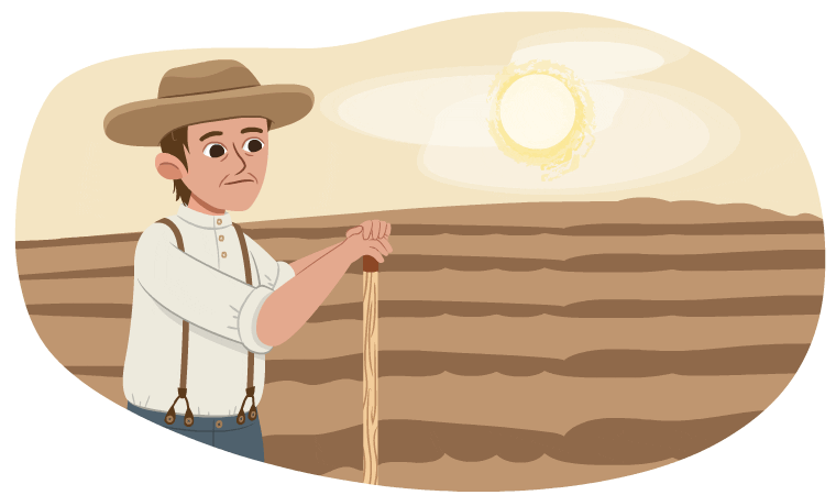 A farmer looking out toward their dry field as a tumbleweed rolls past.