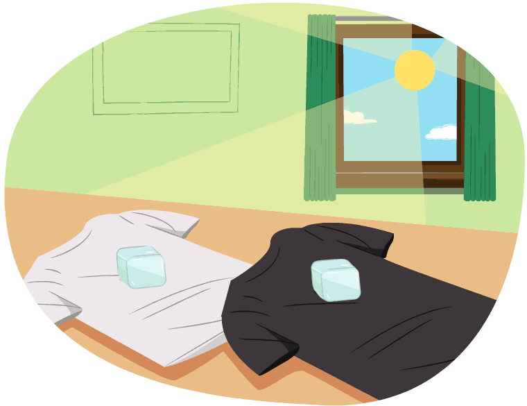 2 t-shirts next to each other. Each with an ice cube on them. Sun melting the ice cubes.