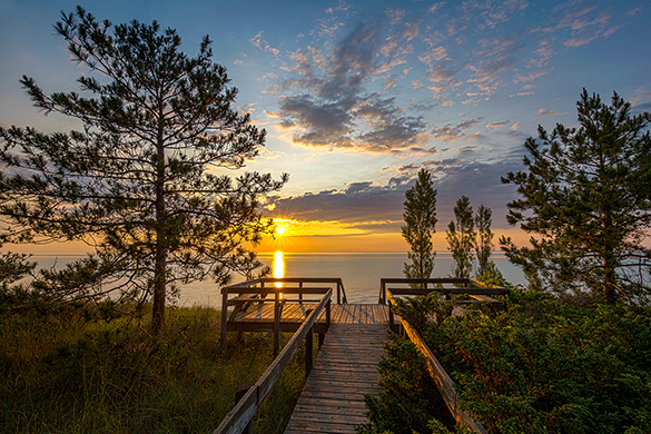 A wooden boardwalk leading to a lake. The sun is setting in the background.