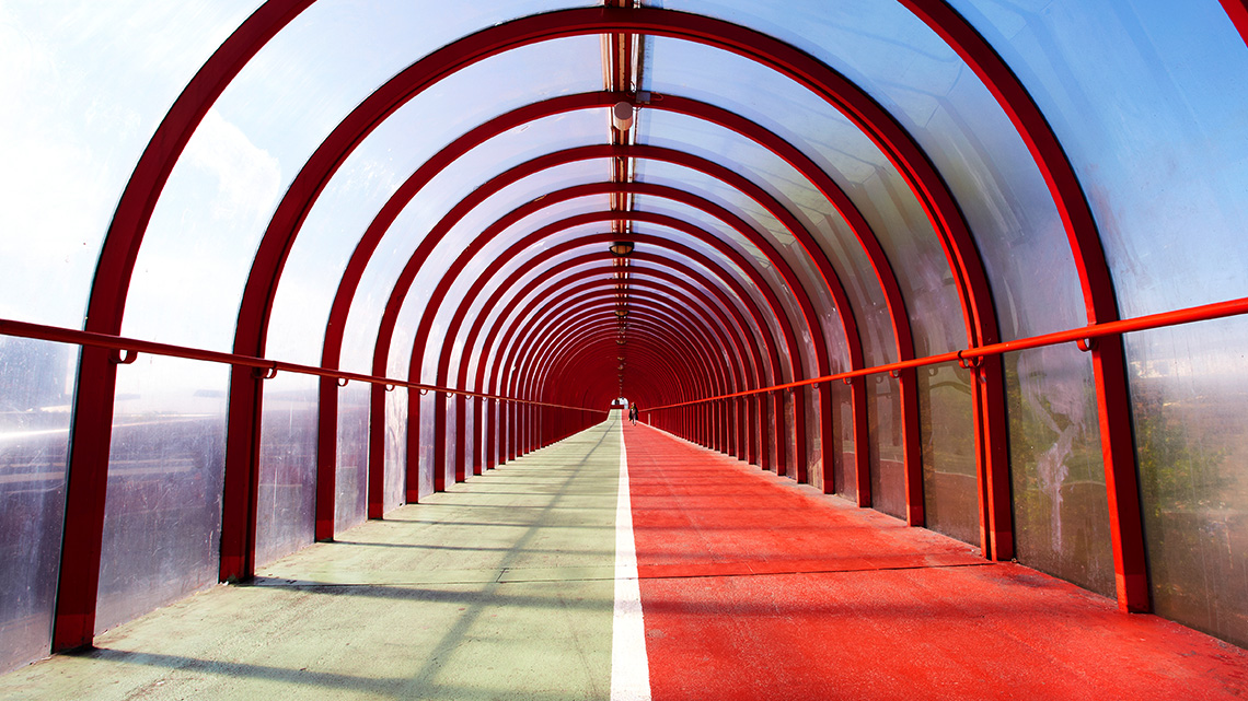 A walkway under a tunnel made of metal and glass. The tunnel is symmetrical.