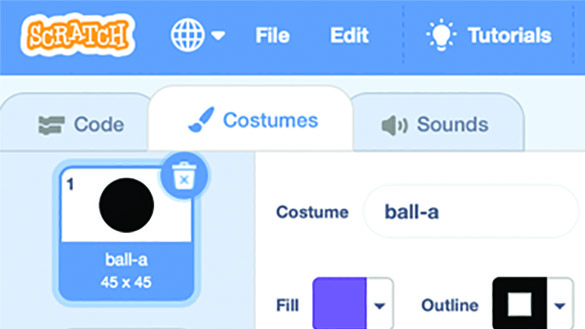 When costumes tab is pressed, it reveals options to change the colour and size of a Sprite.