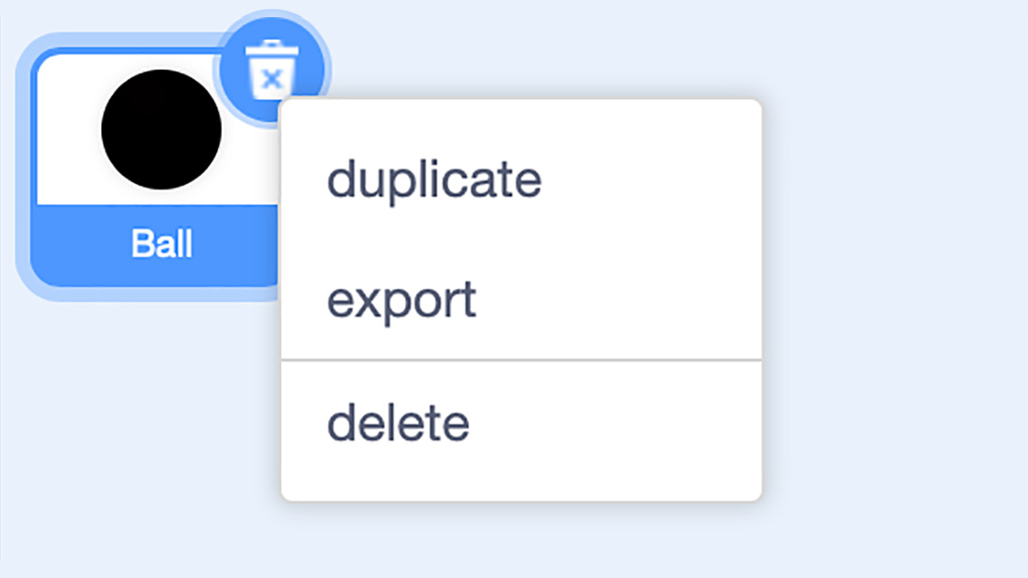 Ball sprite with drop-down options that include duplicate