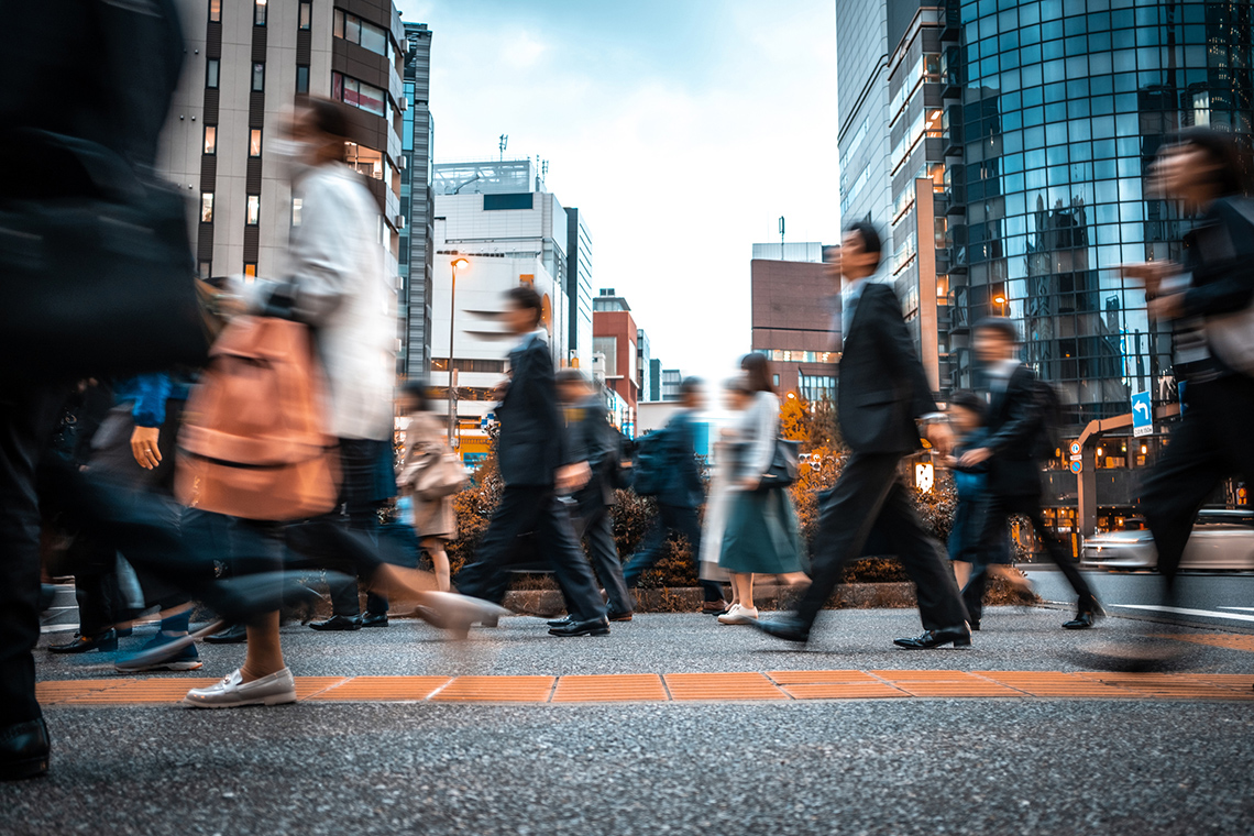 A busy city sidewalk.