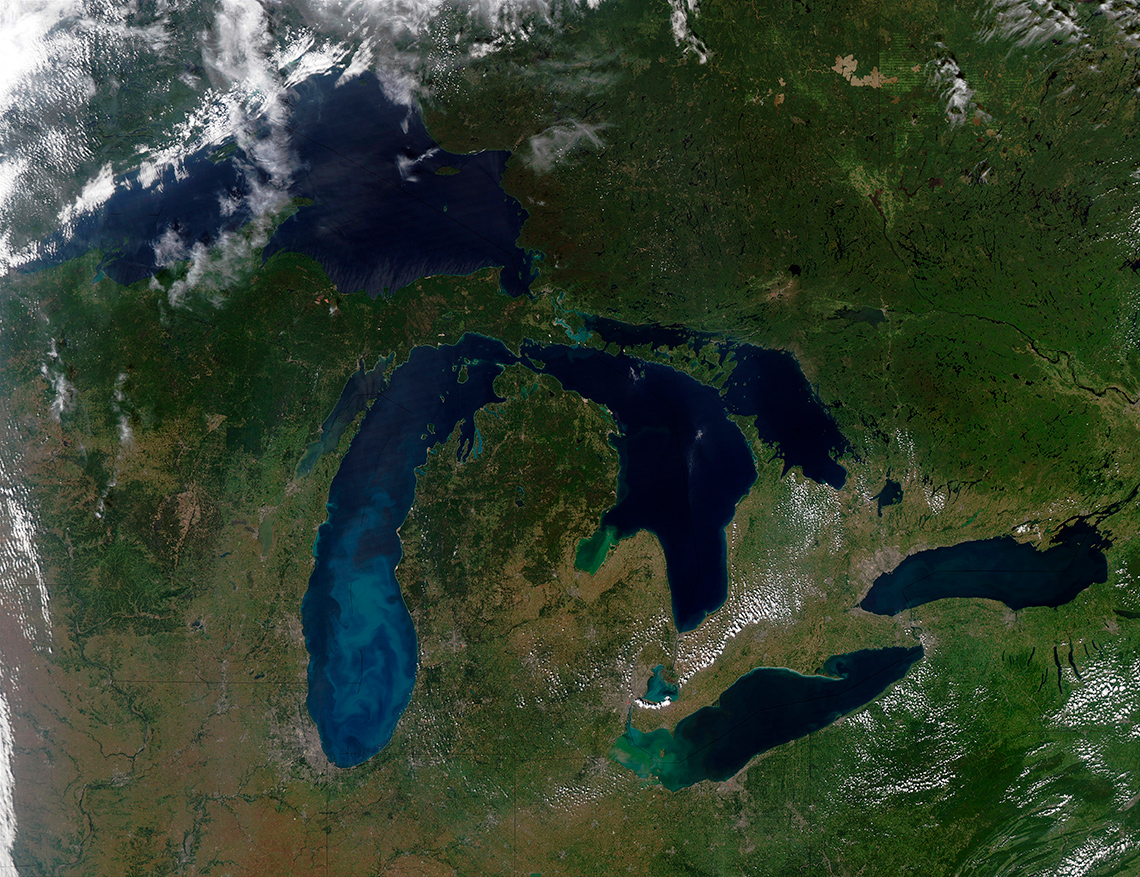 Great Lakes An aerial image of the five great lakes surrounded by land.