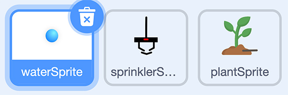3 buttons in this order: Water sprite, sprinkler sprite, plant sprite. Water sprite is selected.
