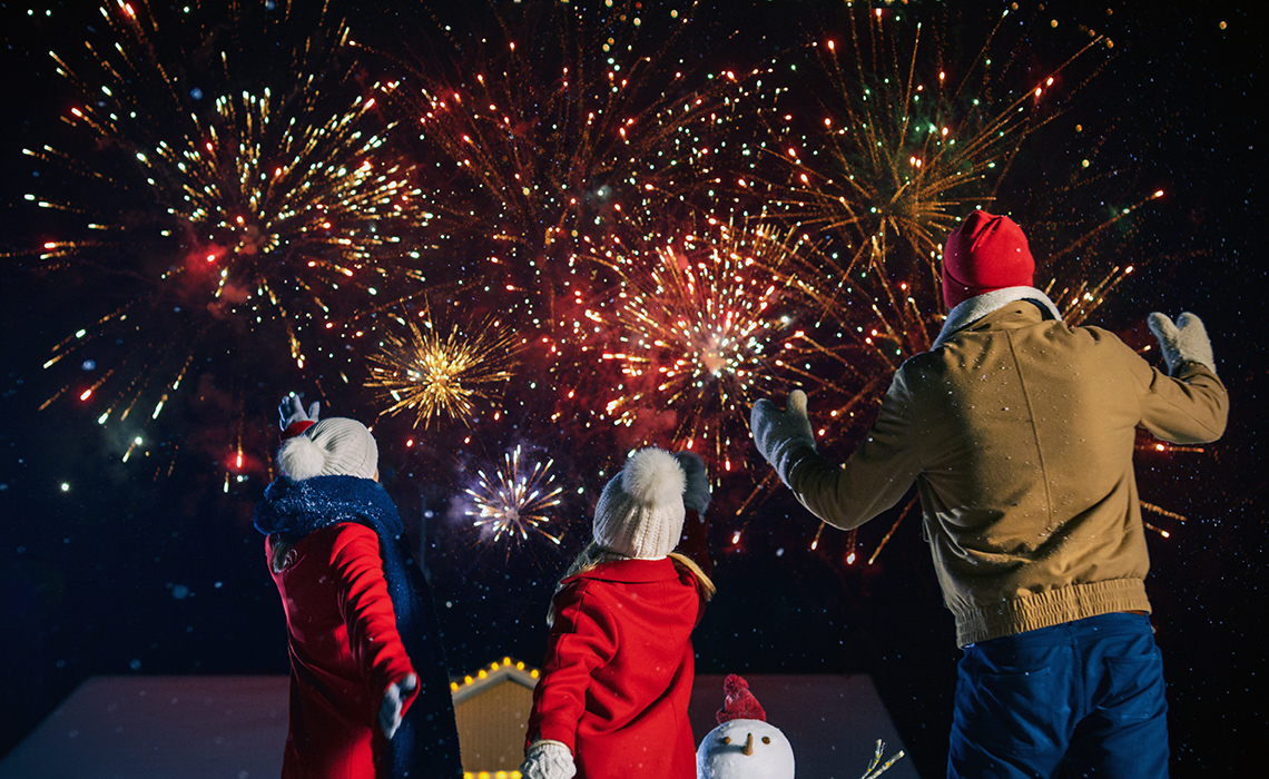 Families watching fireworks in the sky at nighttime.