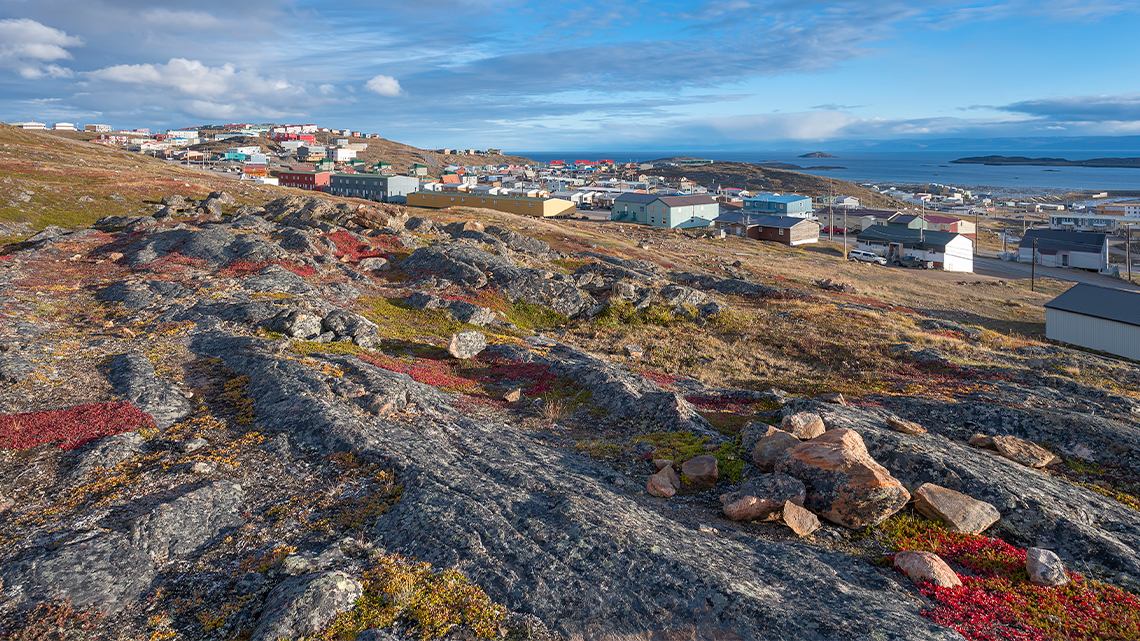 Overview of the City of Iqaluit. There are many homes and open water in the background.