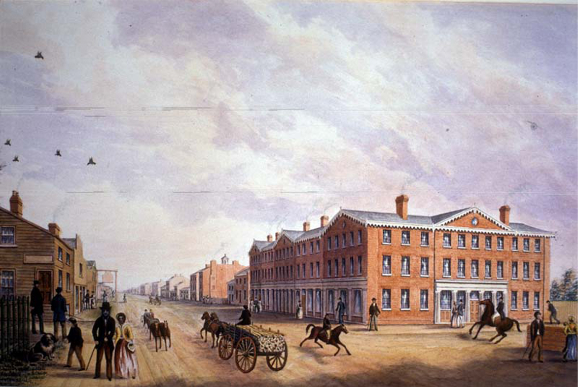 A painting showing King and York streets in Toronto in 1834.
