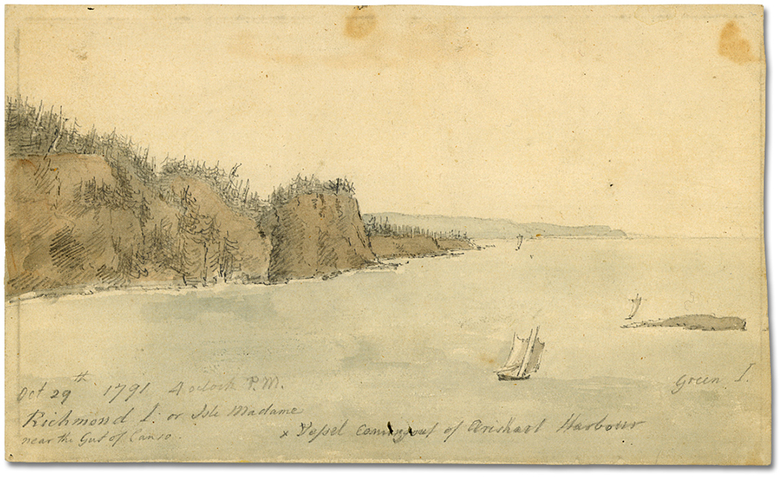 A painting created by Elizabeth Simcoe showing Cape Breton in 1791.