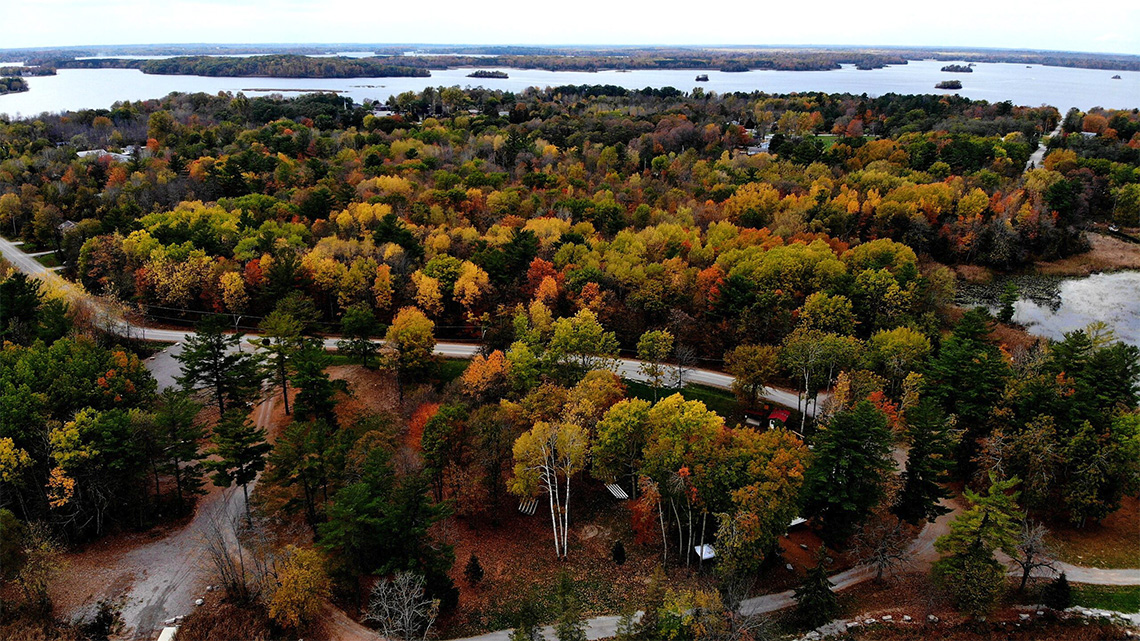 A bird’s eye view of Curve Lake First Nation. There are lots of different trees. The lake is in the background.