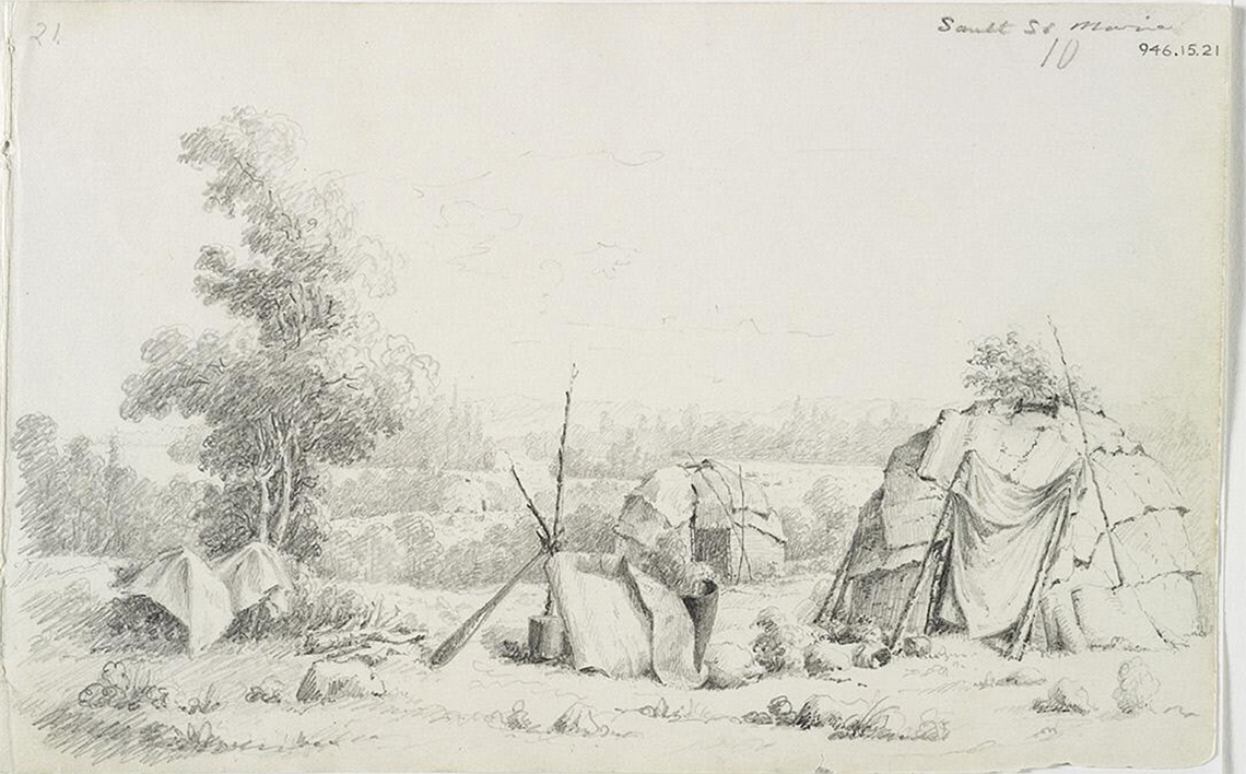 Dome shaped wigwam covered in bark and animal hide at an Ojibwe encampment in Sault Ste Marie, 1845