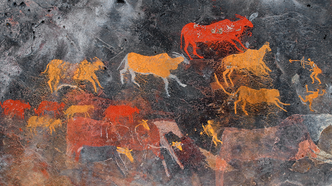 Colourful rock painting of antelopes by Indigenous community, Bushmen.