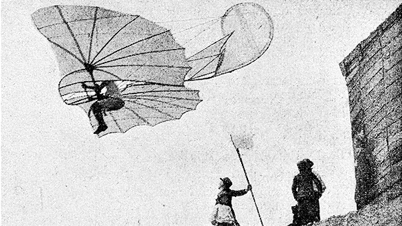 Photo of Otto Lilienthal and his flying machine, the glider.