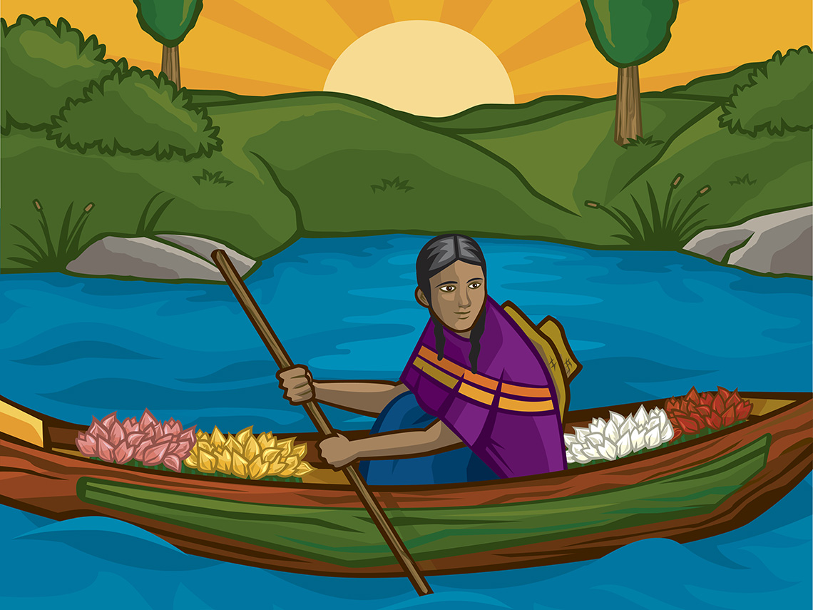 A colourful illustration shows a person traveling through chinampas on a boat. In the boat are flowers. There is a sunrise and green hills and trees in the background.