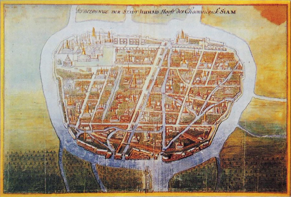 Drawing of Ayutthaya kingdom in 1665 by Johannes Vingboons.