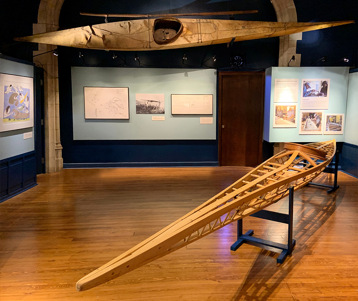 Inuit kayak on display in an Arctic museum. This is the full-sized Nunatsiavut kayak.