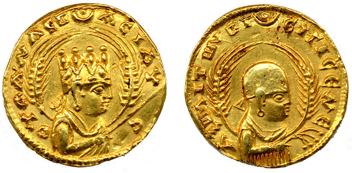 Gold coin from the Aksum Empire; person engraved in the centre, with characters around the edges.