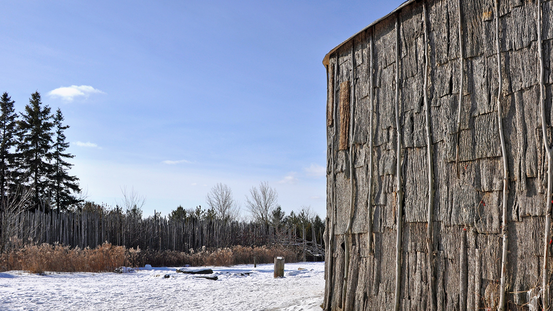 Surrounding Wall Structures Tall wooden walled structures surrounding the longhouse in a Haudenosaunee village.