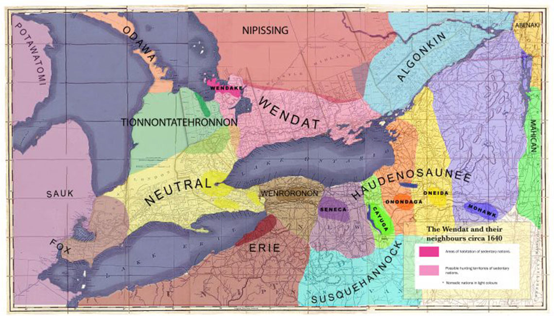Image shows Huron-Wendat territory in 1608. The territory spans the north shores of Lake Ontario.