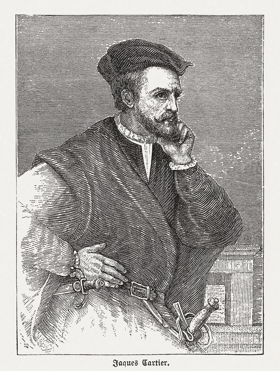 Image shows Cartier with sword and dagger on belt, looking out to sea.