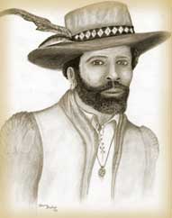 Shows Mathieu Da Costa, who is bearded, wearing a feathered hat and jacket with a necklace.