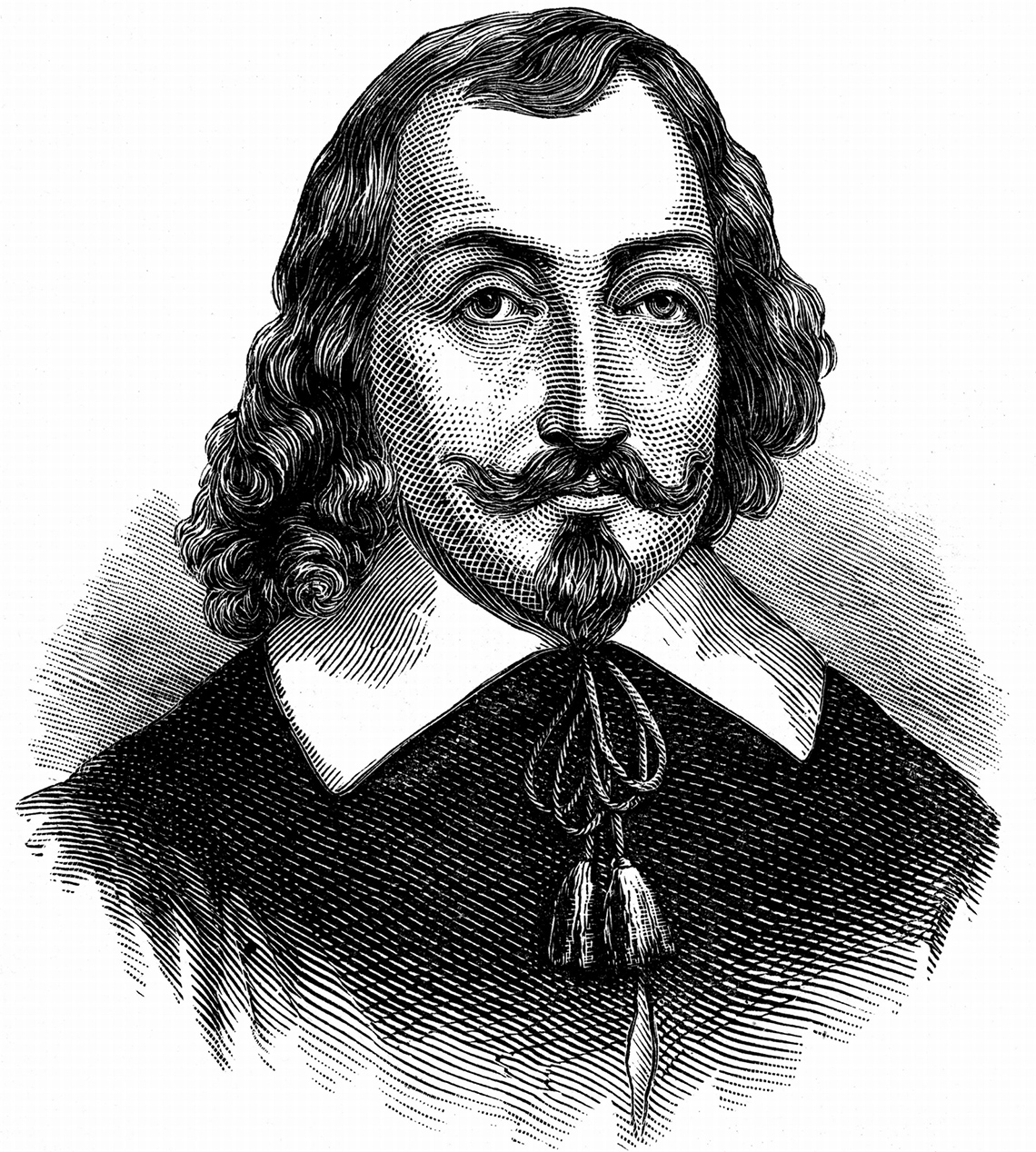 Samuel de Champlain. He has long hair, a moustache and goatee. He is wearing a black jacket.