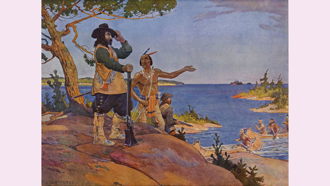 Samuel de Champlain is standing on a hill resting the barrel of his gun on the ground looking out into the land surrounding the hill.  There is an Indigenous person talking with Champlain and pointing toward the land around them.