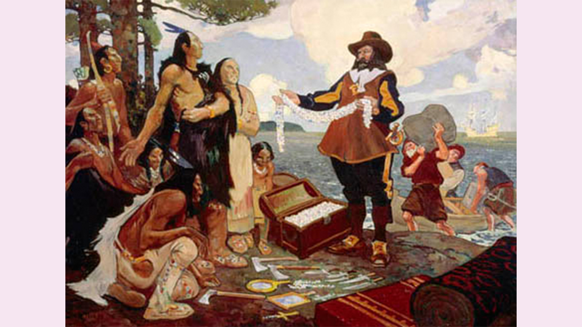 Samuel de Champlain is holding jewelry from a chest toward a group of Indigenous Peoples. There are other items on the ground between them such as axes, jewelry and blankets.