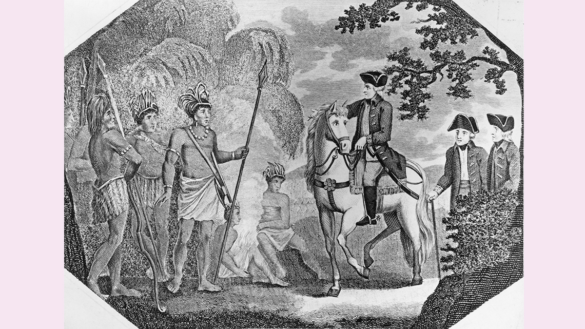A soldier on a horse is talking to a small group of Indigenous Peoples.  There are two more soldiers behind the soldier on a horse.