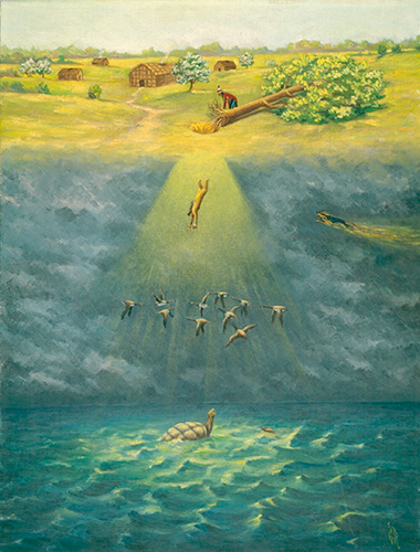 A painting that depicts scenes from the Creation Story and fall of Sky Women to Turtle Island.