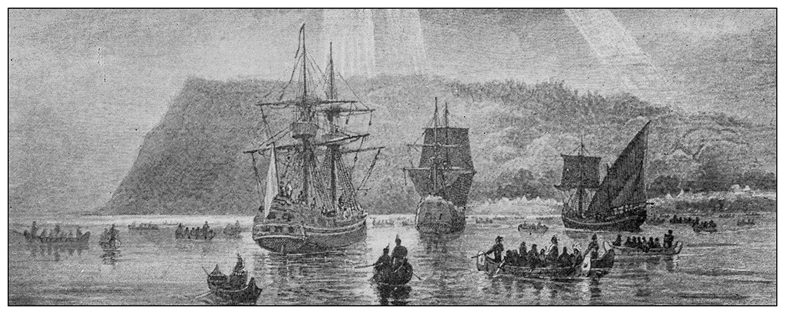 Three tall ships and six canoes are approaching each other on a river.