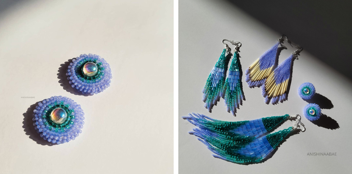 Earrings made from materials such as porcupine quills, birch bark and animal fur.