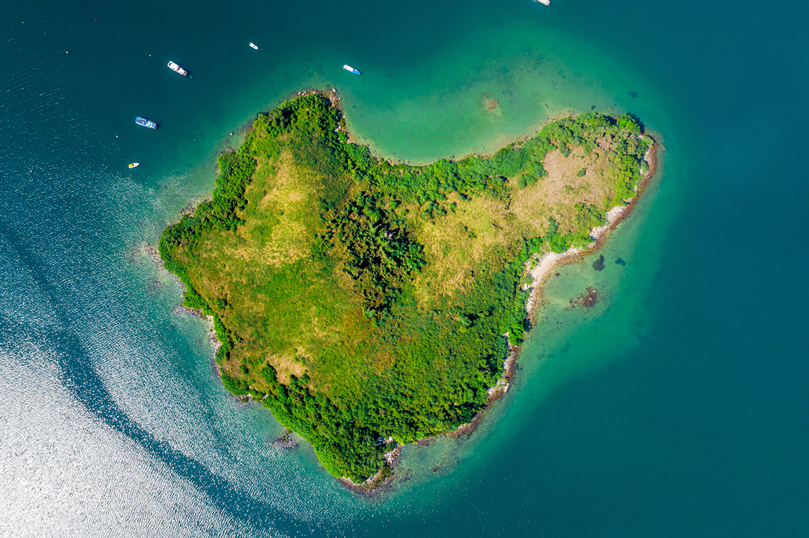 An island from a top-down view. The island is covered in trees and surrounded by water.