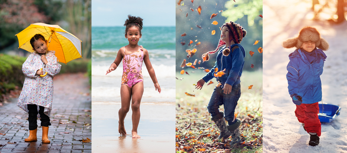 4 kids’ seasonal attire: 1. raincoat 2. swimsuit 3. sweater & boots 4. winter coat, snowpants, & mittens