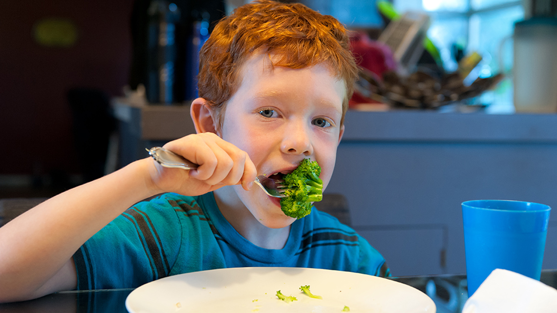 A child holding up a fork near their mouth with a big piece of broccoli on it.