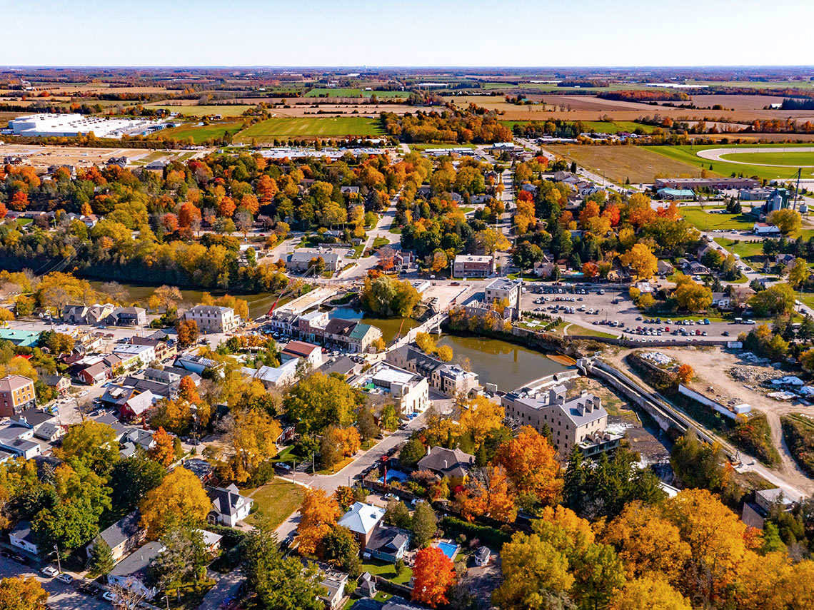 An overhead view of the houses and smaller local stores in the small town of Elora Ontario.
