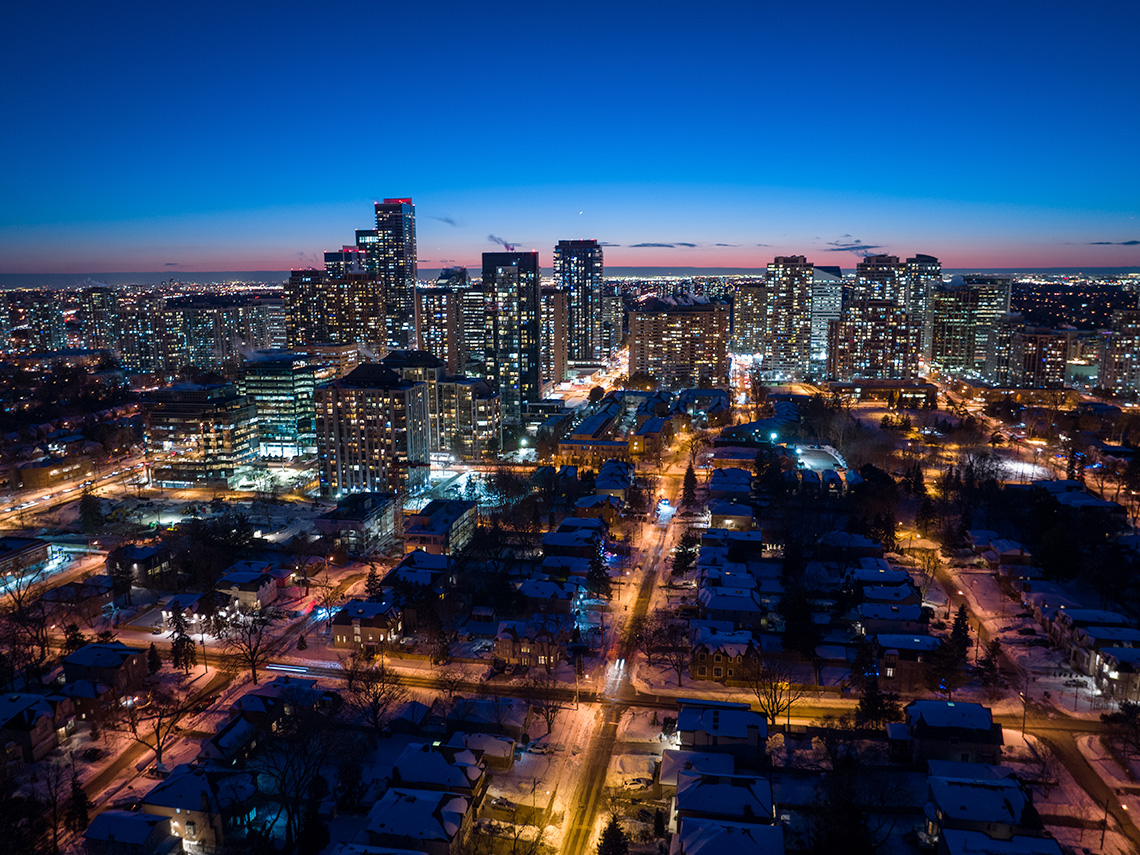 An overhead view of roads and high-rise buildings of North York, Ontario.