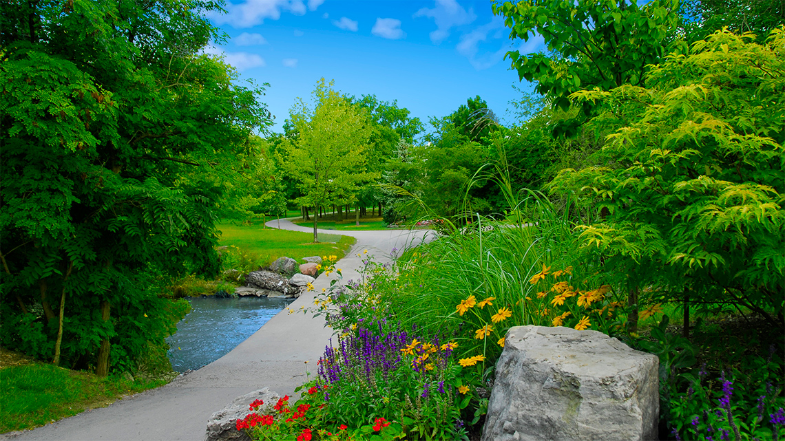 A paved trail through a park with flowers, trees, and a small pond.