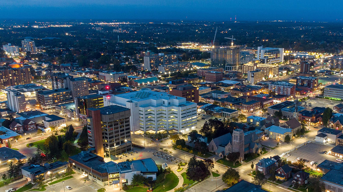 A bird’s eye view of Oshawa at night.